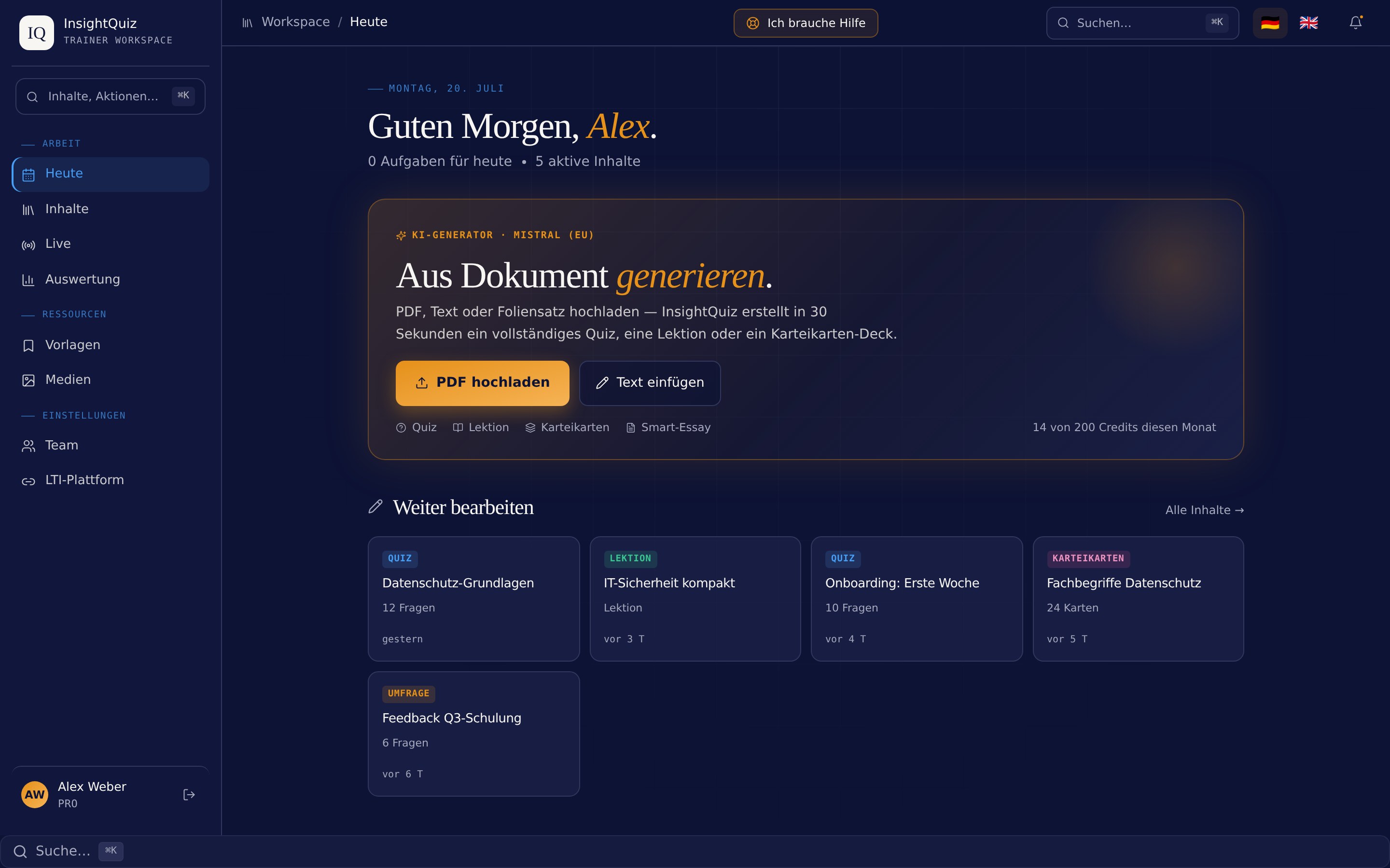 Das InsightQuiz-Dashboard mit KI-Generator und zuletzt bearbeiteten Inhalten