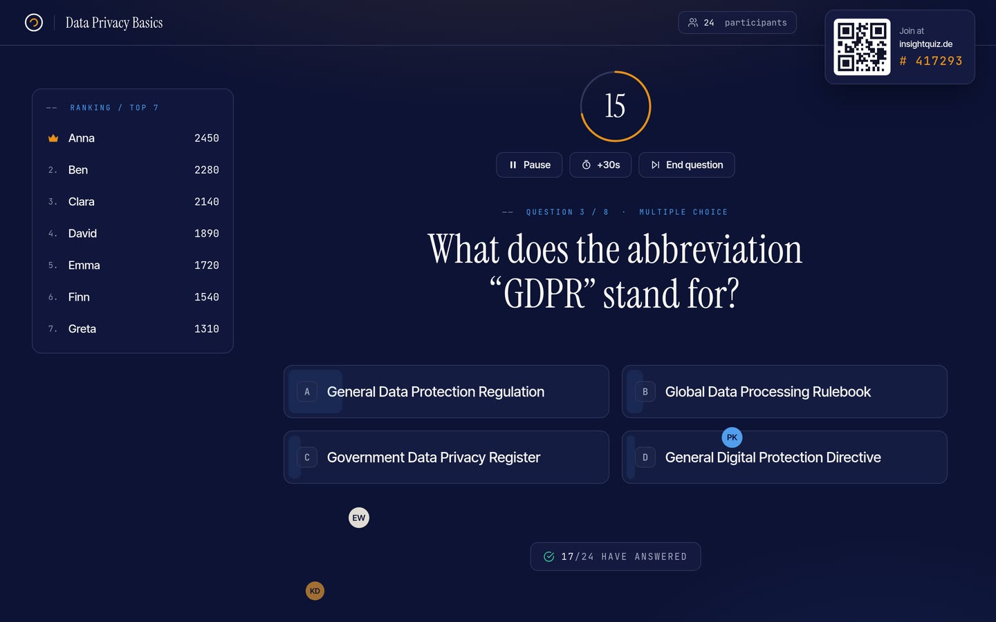Live quiz in InsightQuiz: running question with countdown and real-time leaderboard